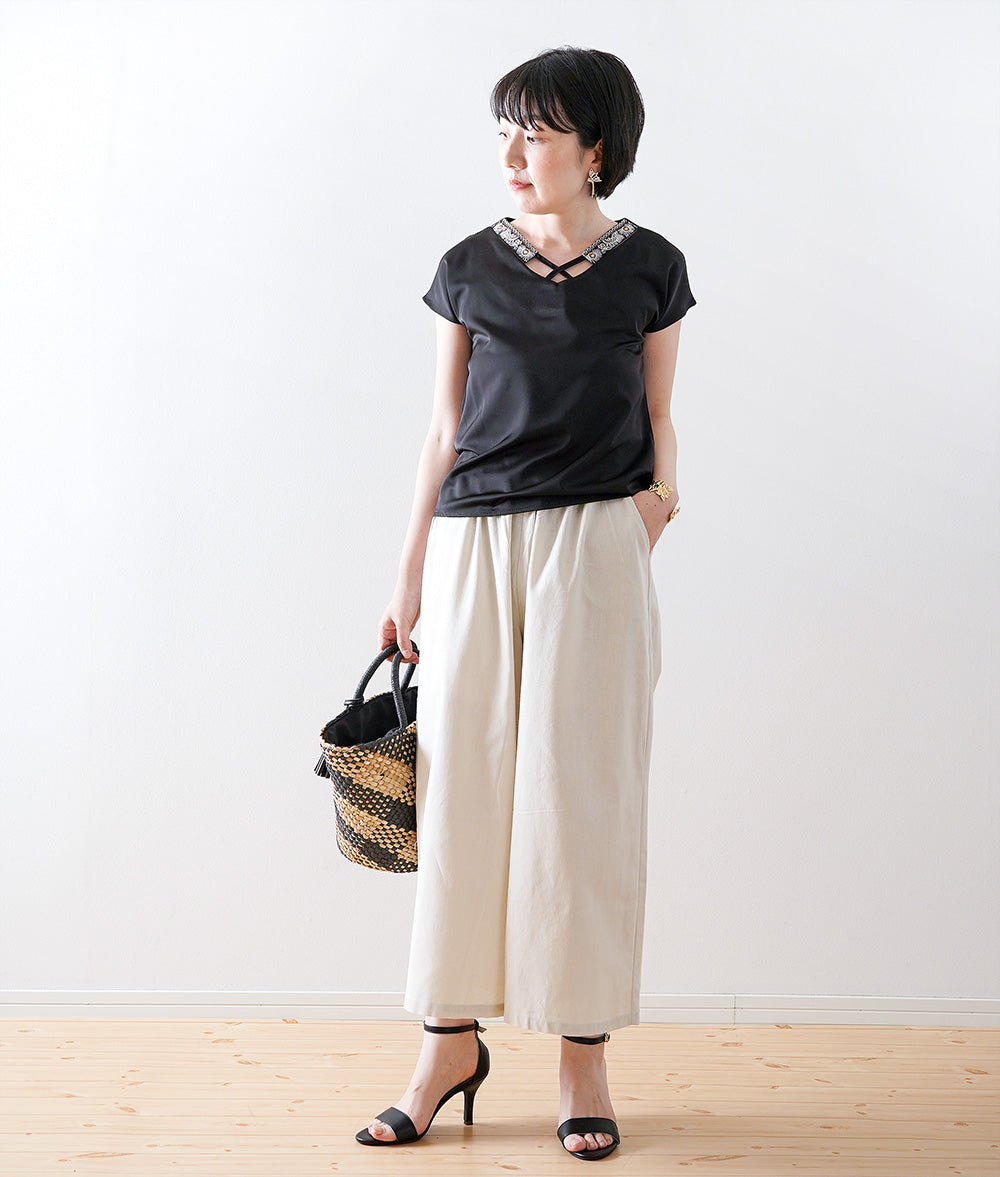 【SALE】Linen blend loose cropped wide pants